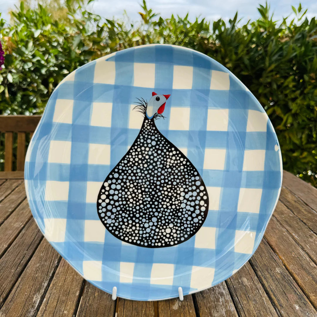 Guinea Fowl Cornflower Blue Gingham Dinner Plate