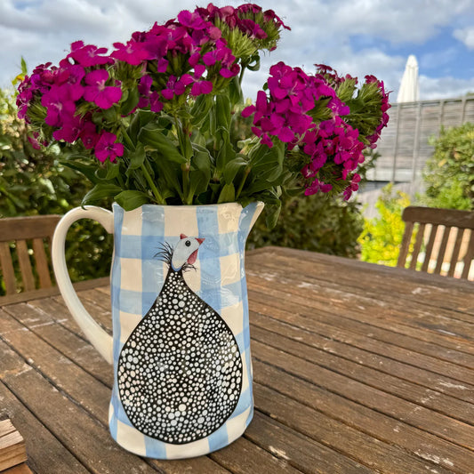 Guinea Fowl Cornflower Blue Gingham Medium Jug