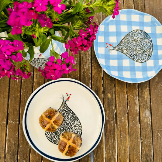 Guinea Fowl Navy Rim Dinner Plate