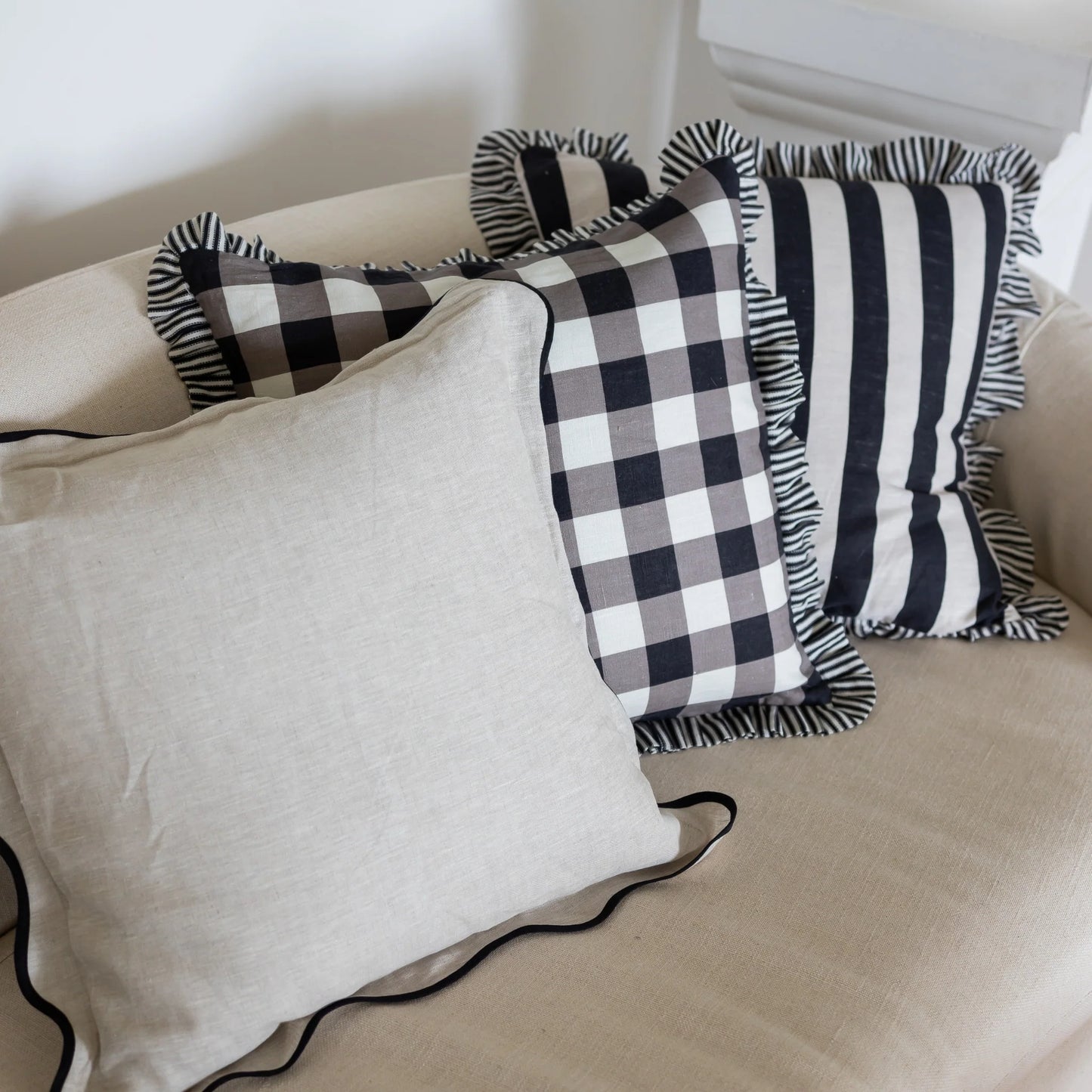 Black Check with Ticking Ruffle Cushion Cover 50 x 50