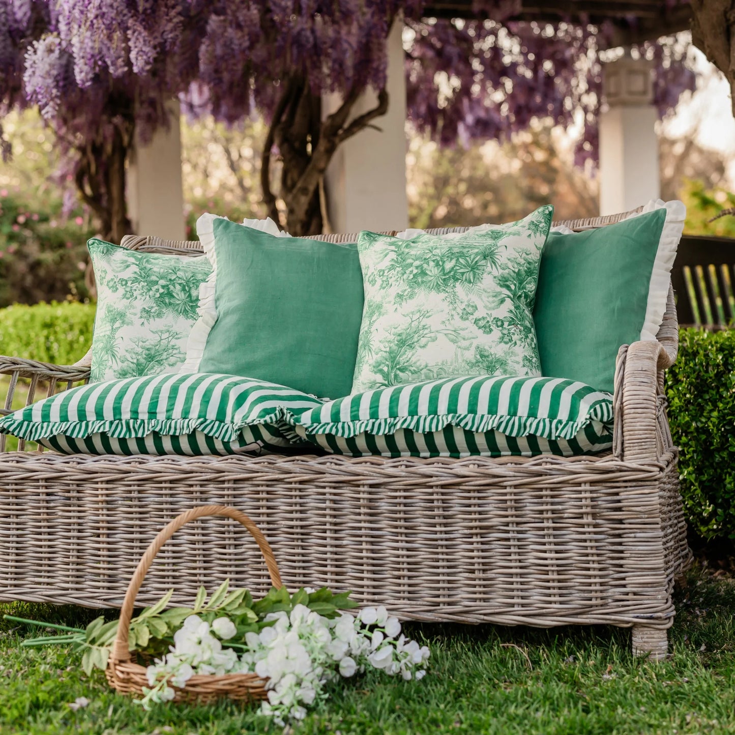 Green Linen With Cream Ruffle Cushion Cover 50x50