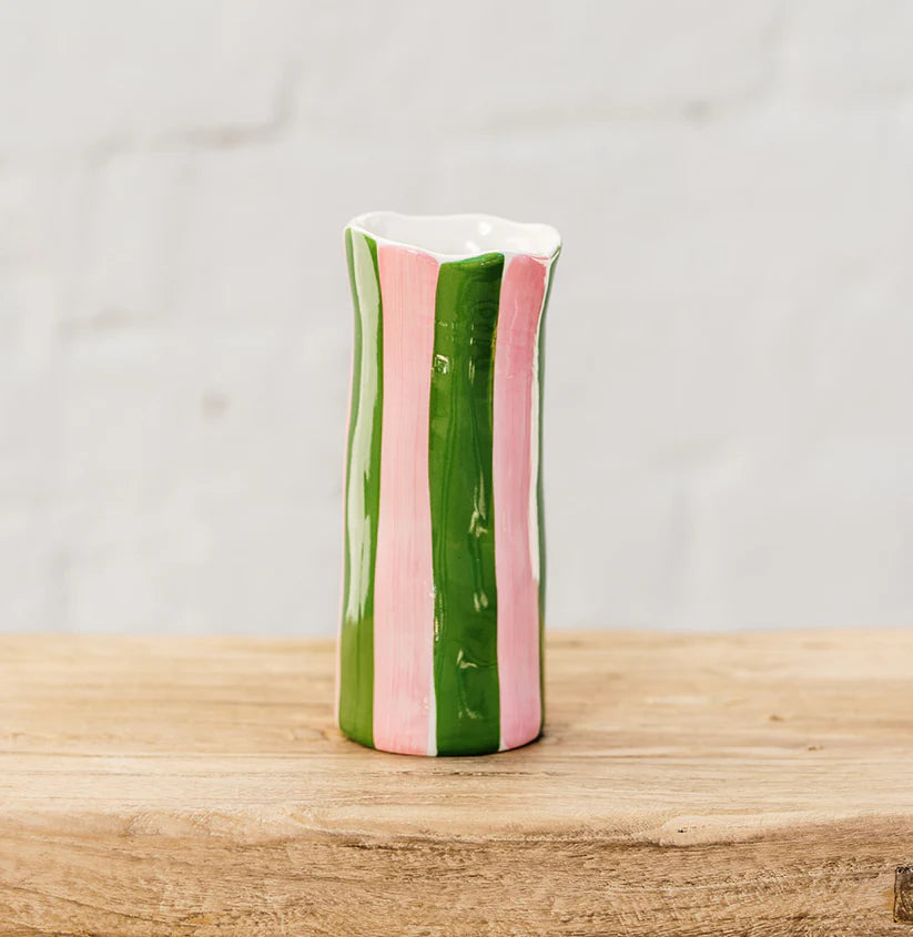 Dark Green & Pink Stripe Small Vase