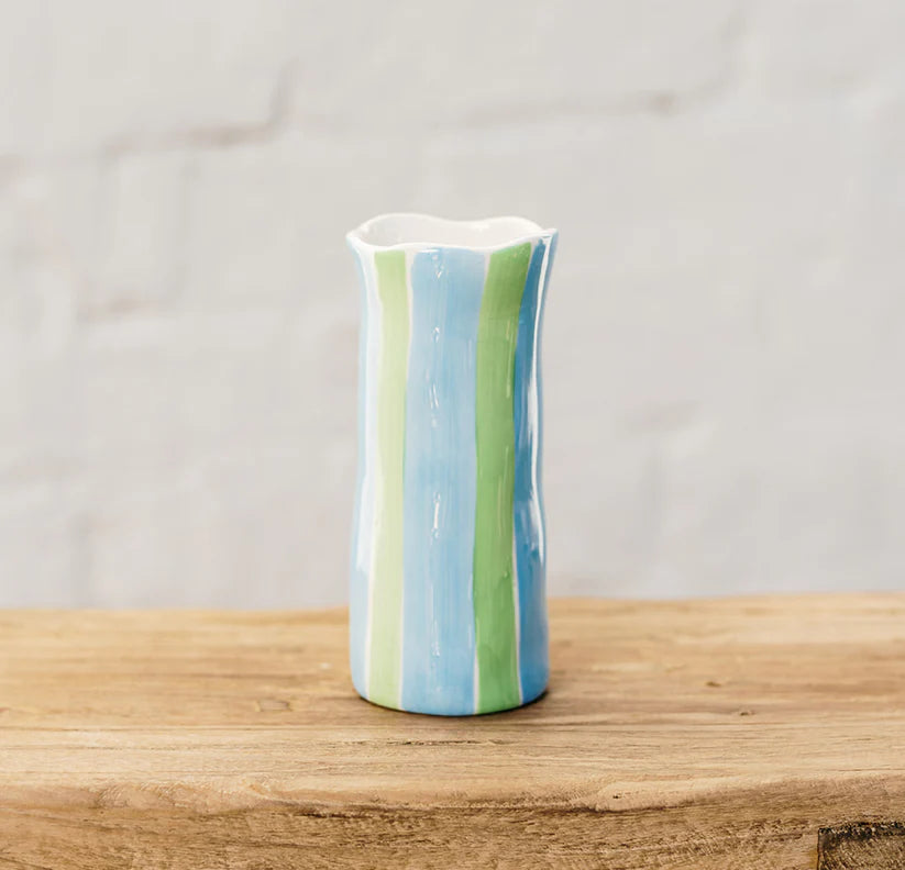 Cornflower Blue & Green Stripe Small Vase