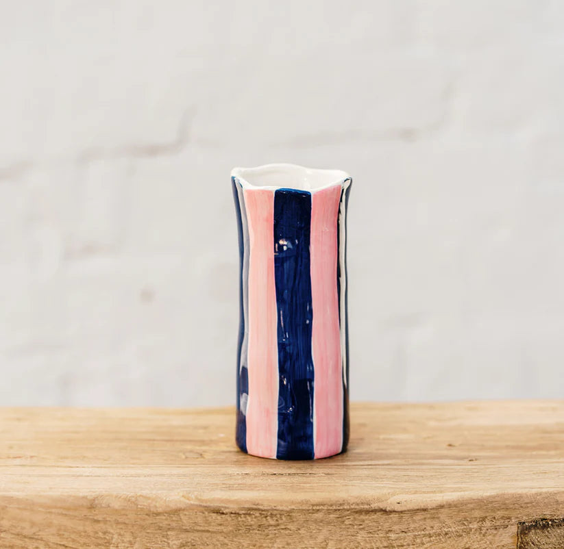 Navy & Pink Stripe Small Vase