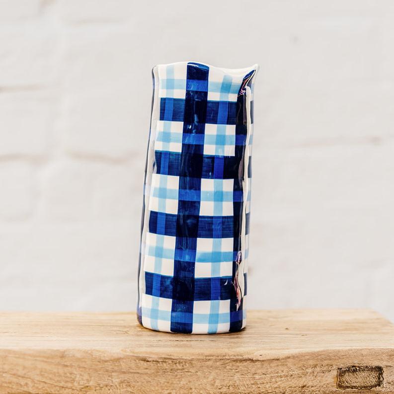 Navy & Cornflower Blue Gingham Medium Vase