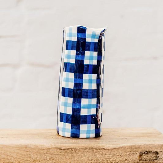 Navy & Cornflower Blue Gingham Medium Vase