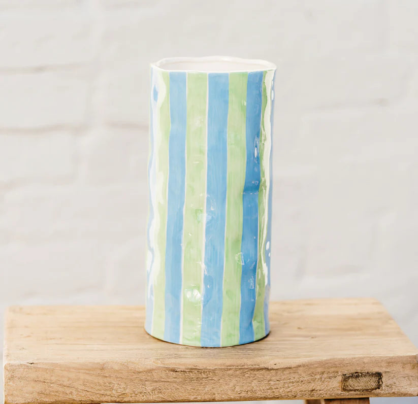 Cornflower Blue & Green Stripe Large Vase