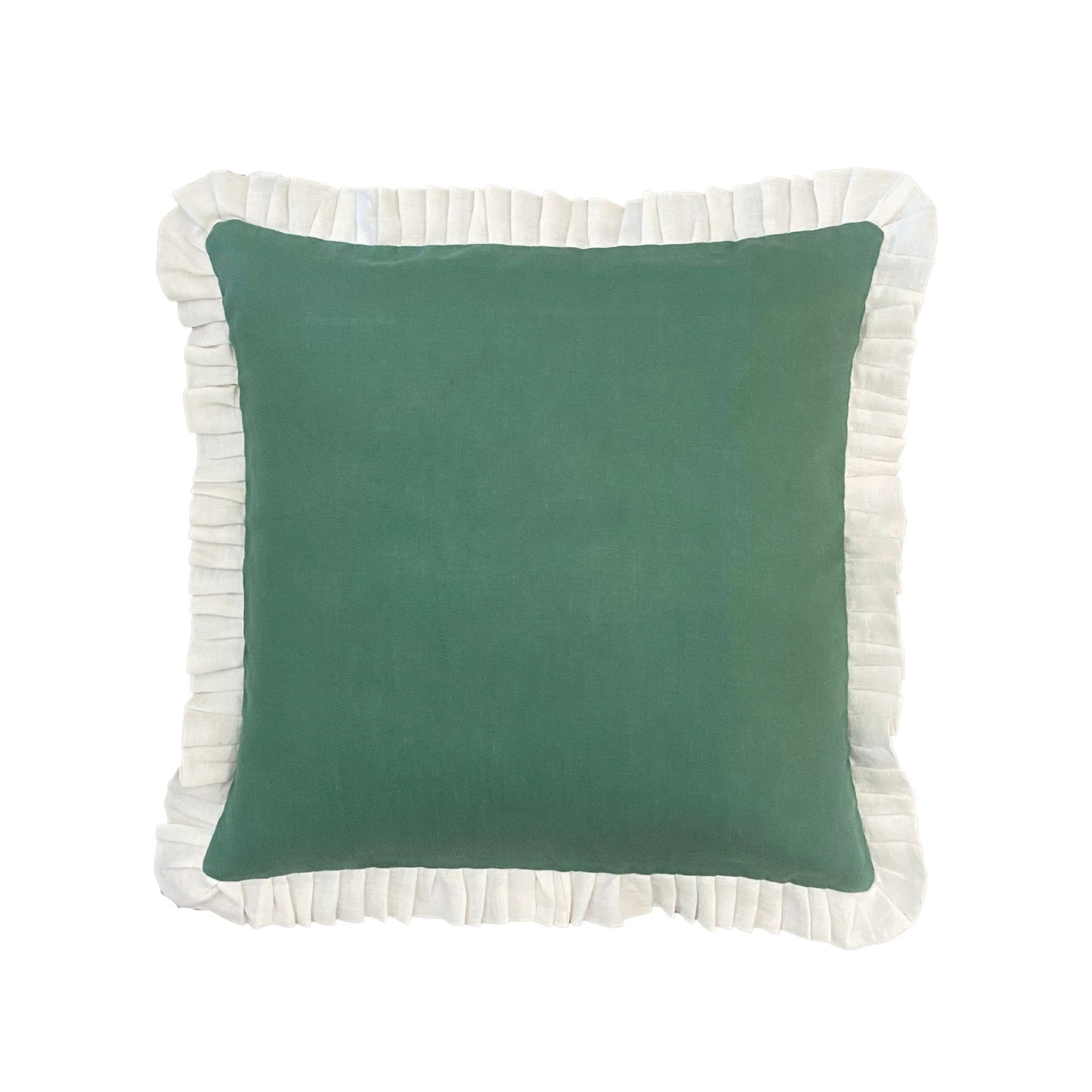 Green Linen With Cream Ruffle Cushion Cover 50x50