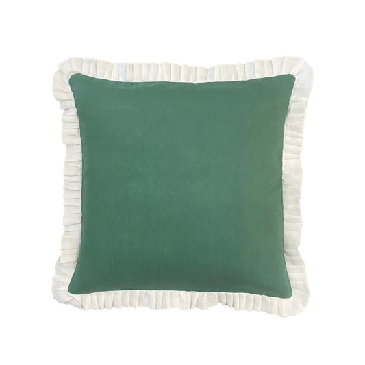 Green Linen With Cream Ruffle Cushion Cover 50x50