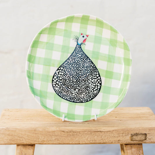 Guinea Fowl Mint Green Gingham Dinner Plate