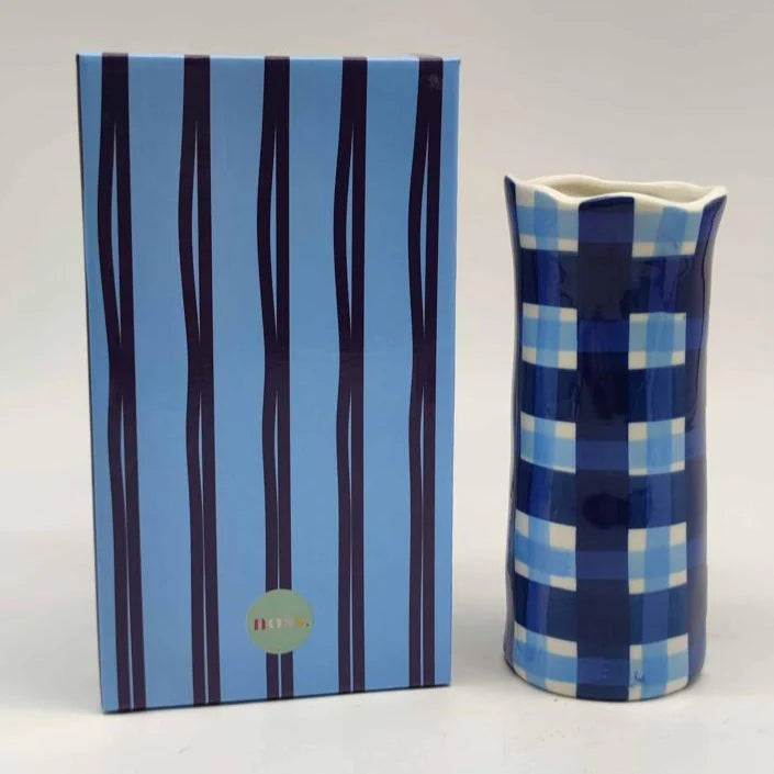 Navy & Cornflower Blue Gingham Small Vase