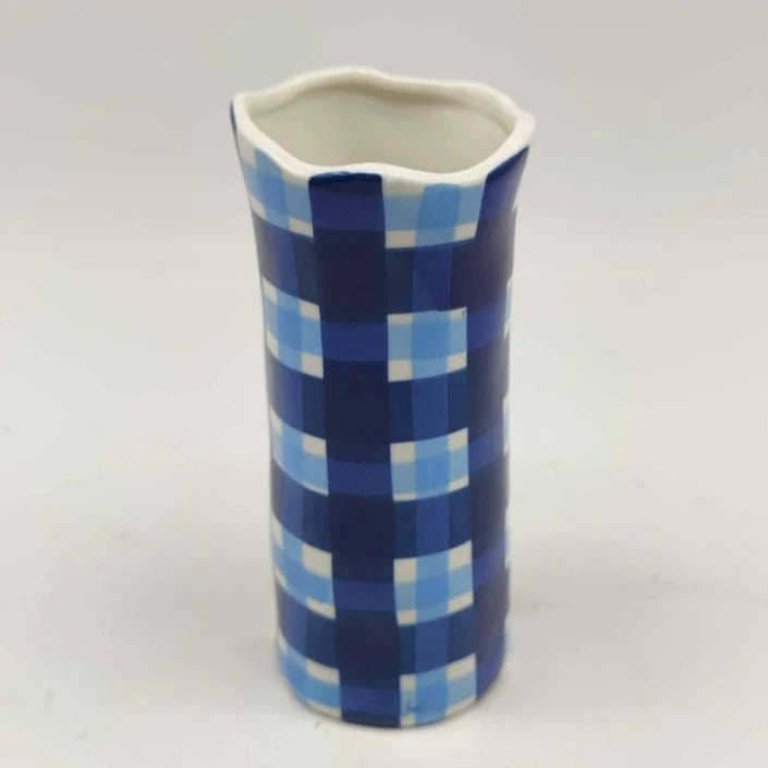 Navy & Cornflower Blue Gingham Small Vase