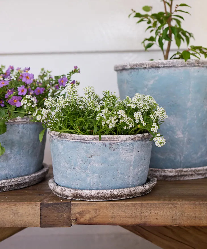 Sea Blue Wide Plant Pot & Saucer